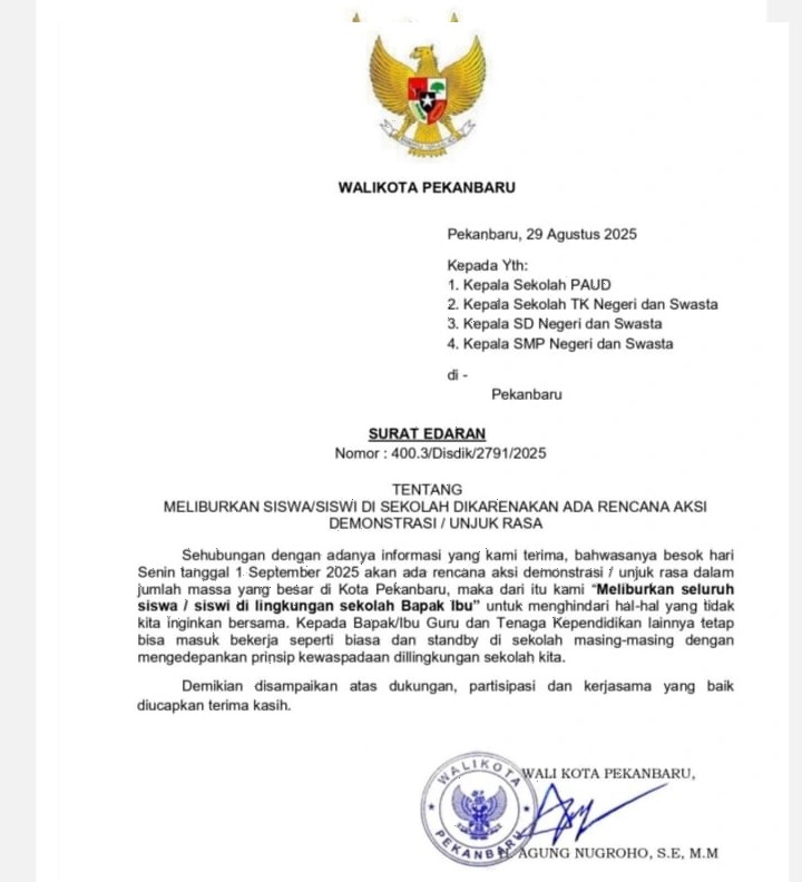 Beredar SE Wako Pekanbaru Tentang Libur Sekolah, Disdik Pekanbaru Angkat Bicara
