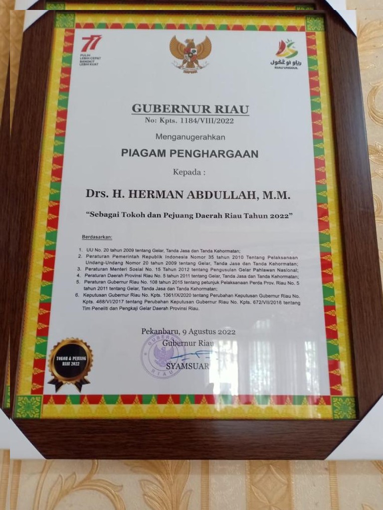 Mantan Wali Kota Pekanbaru Herman Abdullah Dinobatkan Sebagai Pahlawan Riau